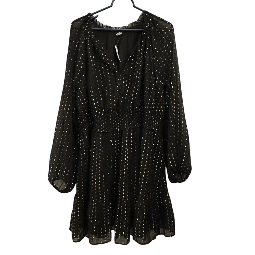 Old Navy Black and Silver‎ V-Neck Ruffled Midi Dress Balloon Sleeves 2X NWT